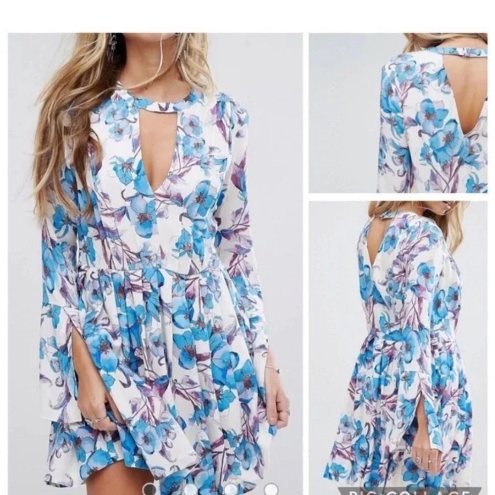 Free People Tegan Mini Dress Ivory Blue Flowers